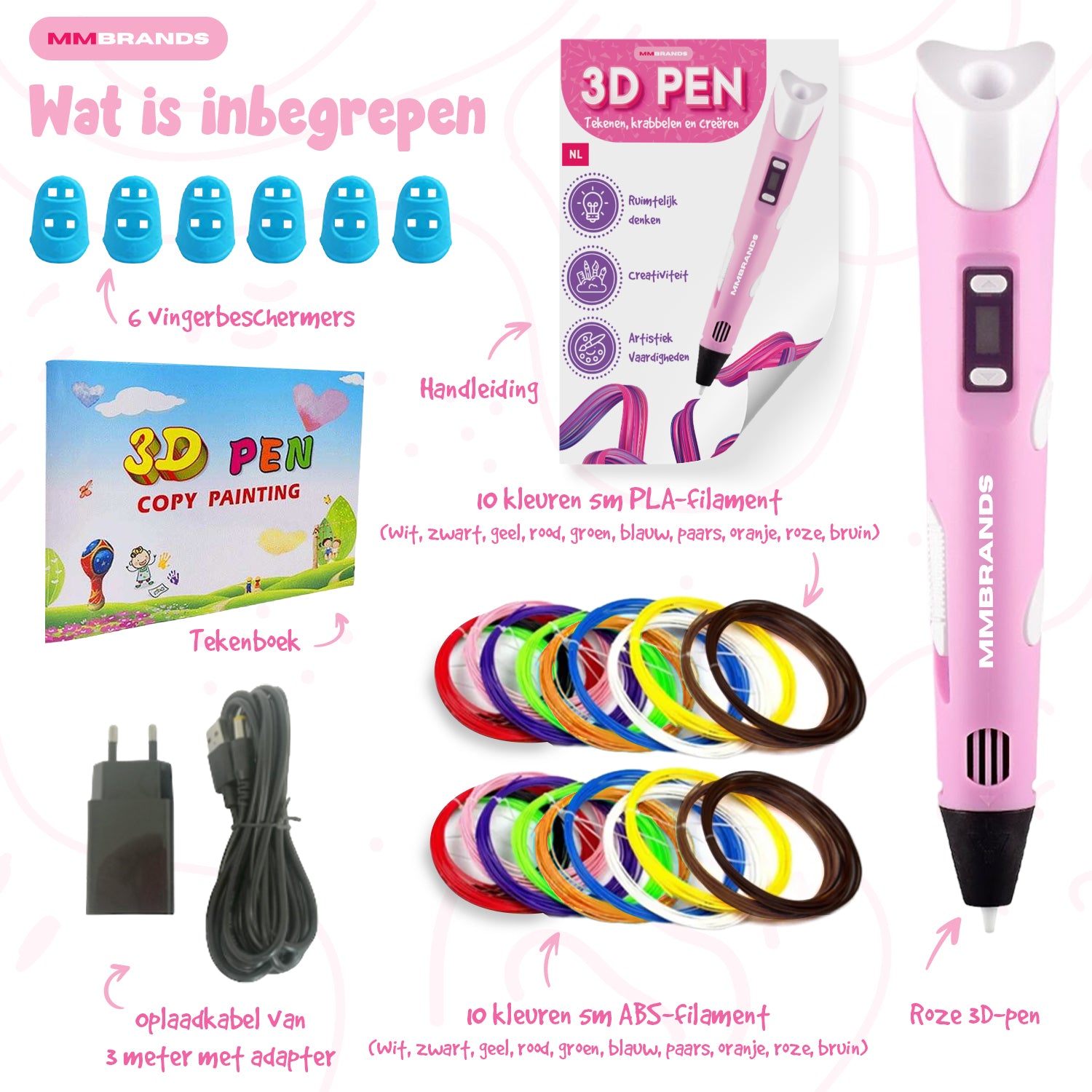 3D Pen Startpaket - 100M Filament - 10 Färger - Rosa